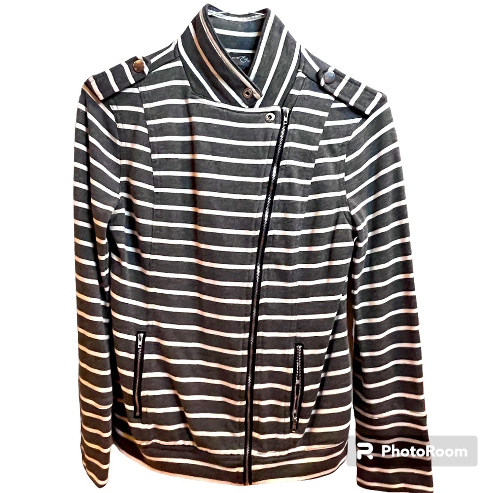 Market & Spruce Knit Moto, Gray & White Striped Jacket. Medium.